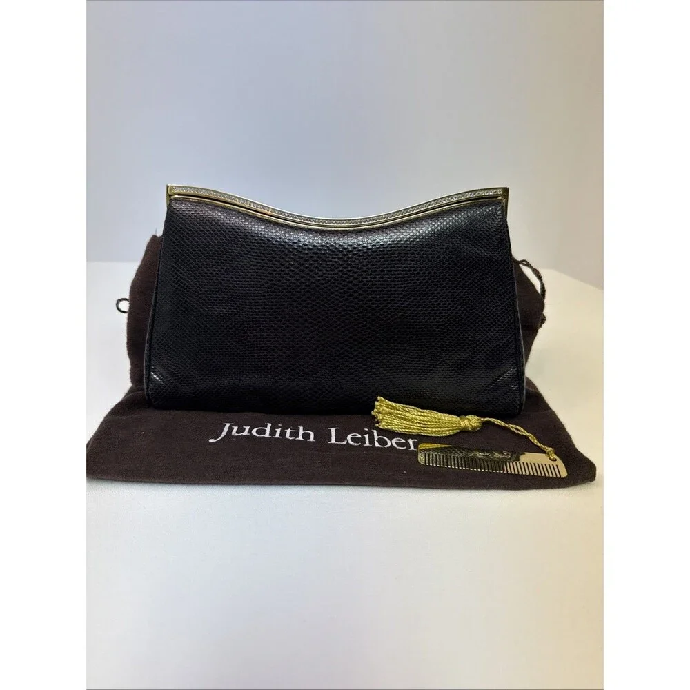 Judith Leiber Black Lizard Snakeskin Leather Rhinestone Clutch Bag Comb Vintage - Picture 1 of 16